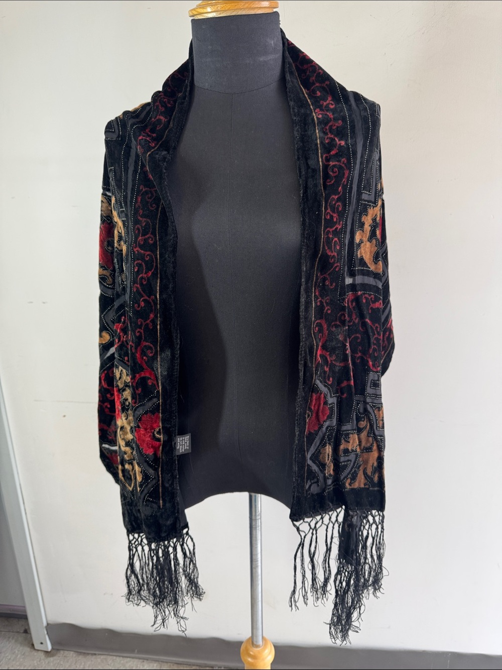 Vintage Silk Blend Velvet Burnout Scarf Black Red Fringe Boho Evening Lagenlook - Picture 2 of 11